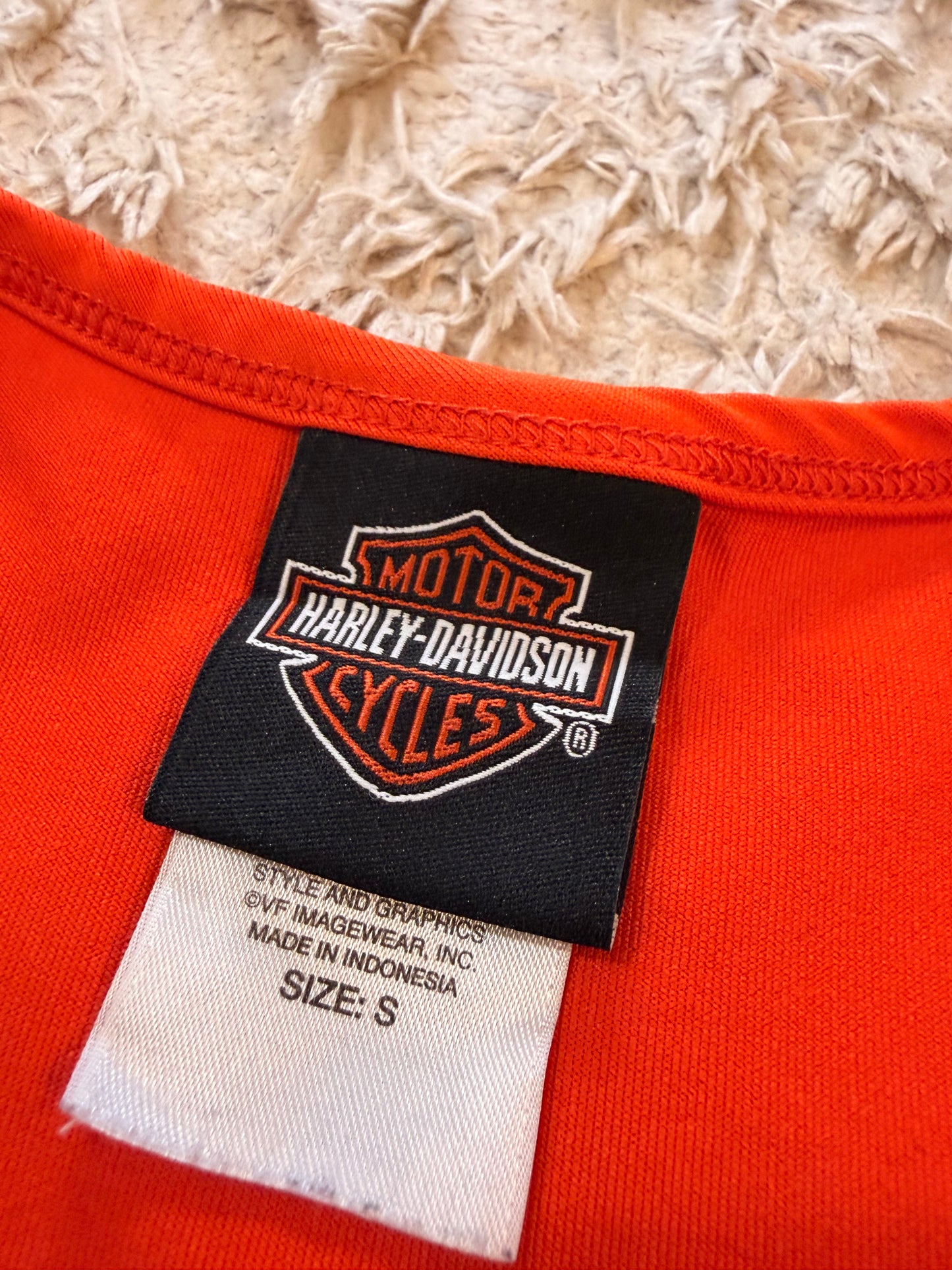 Débardeur Harley-Davidson Ridge Runner Chattanooga Tennessee Dos Nageur Racerback Orange Vif Brodé Cursive Noire 92% Polyester – Femme – Taille S