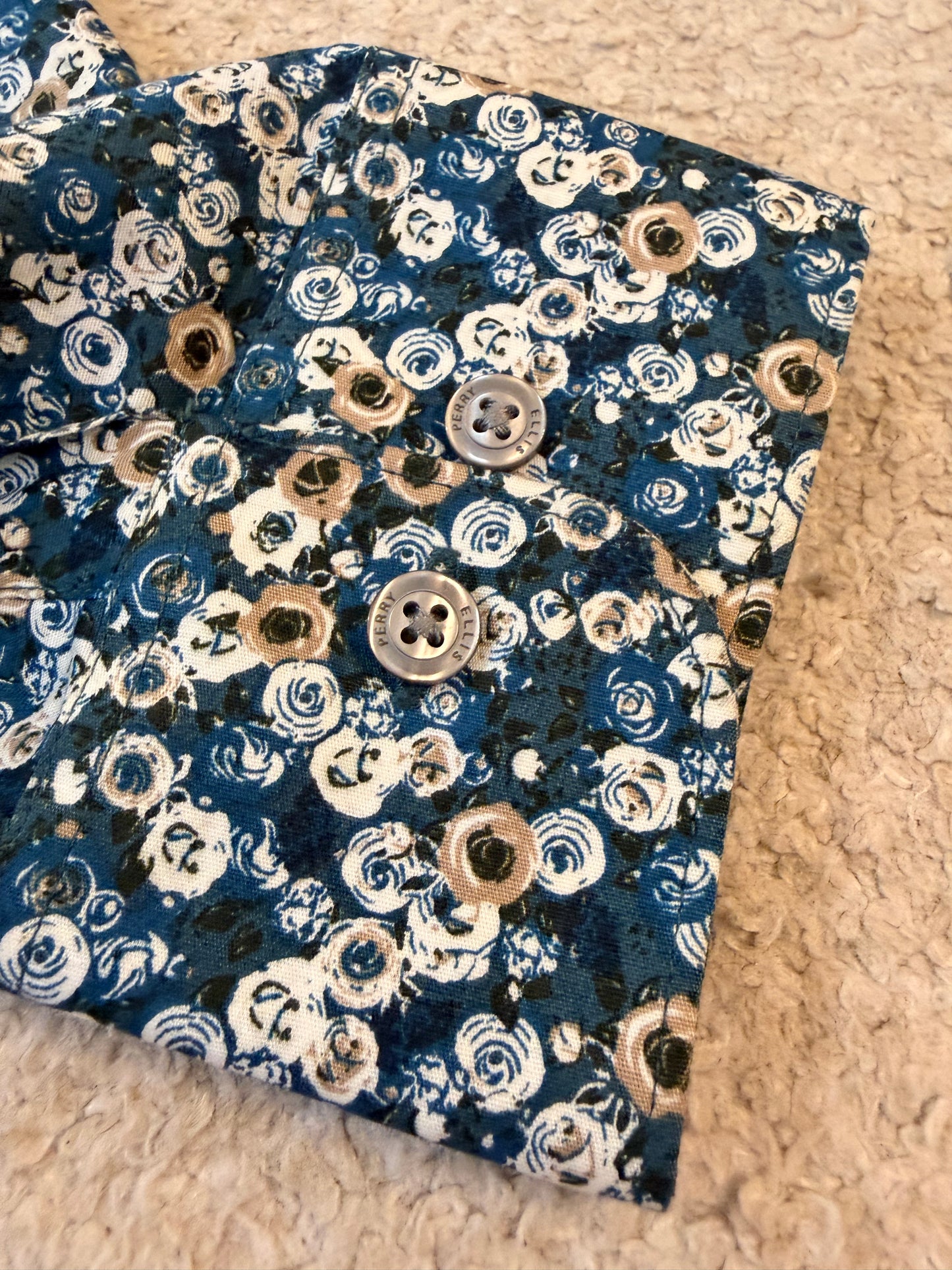 Chemise Perry Ellis Stretch Fleurie Liberty Bleu Marine/Jaune Coton/Élasthanne – Homme – Taille M