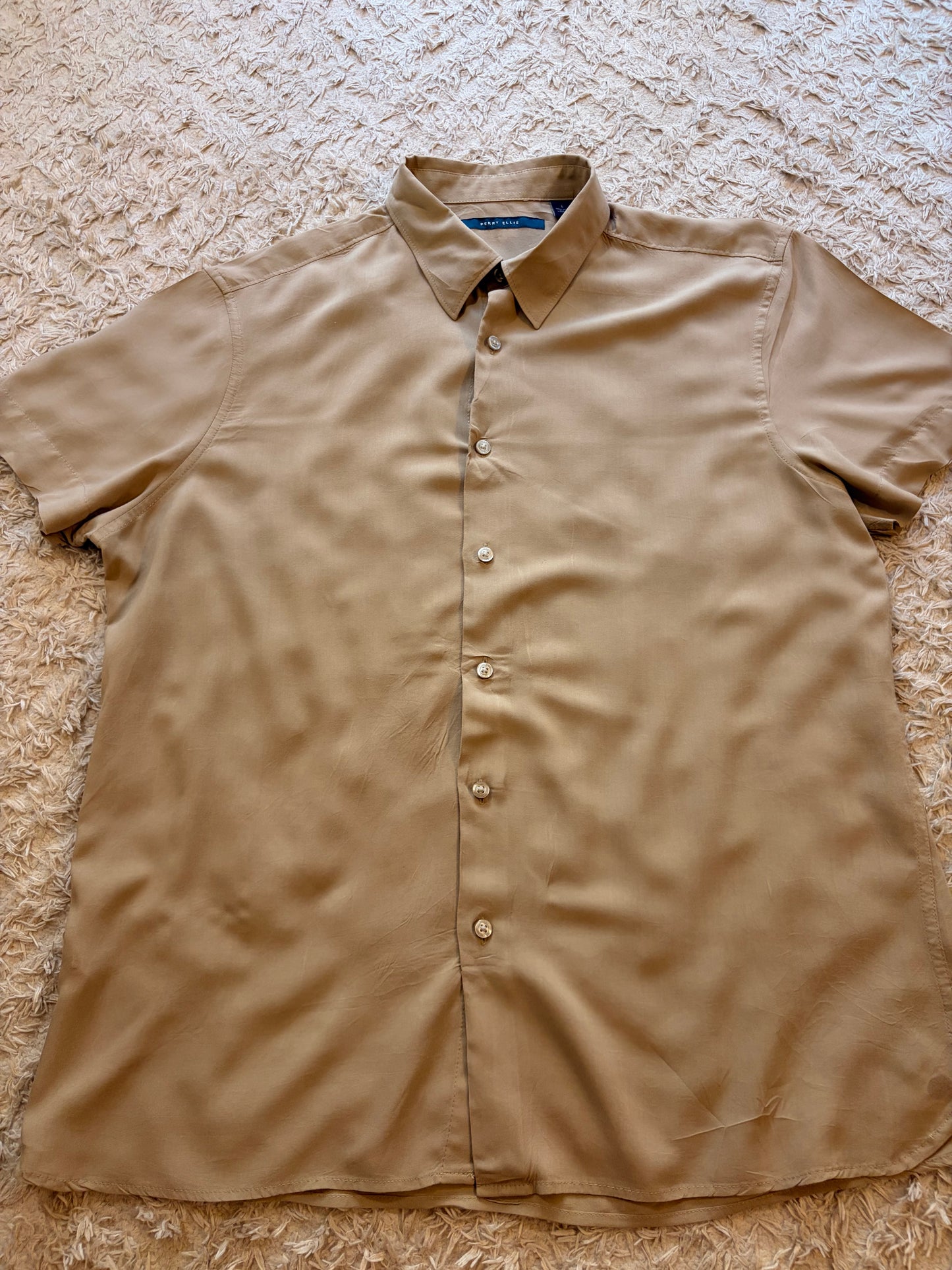 Chemise Perry Ellis Beige Sable 100% Viscose Manches Courtes Fluide Soyeuse – Homme – Taille L
