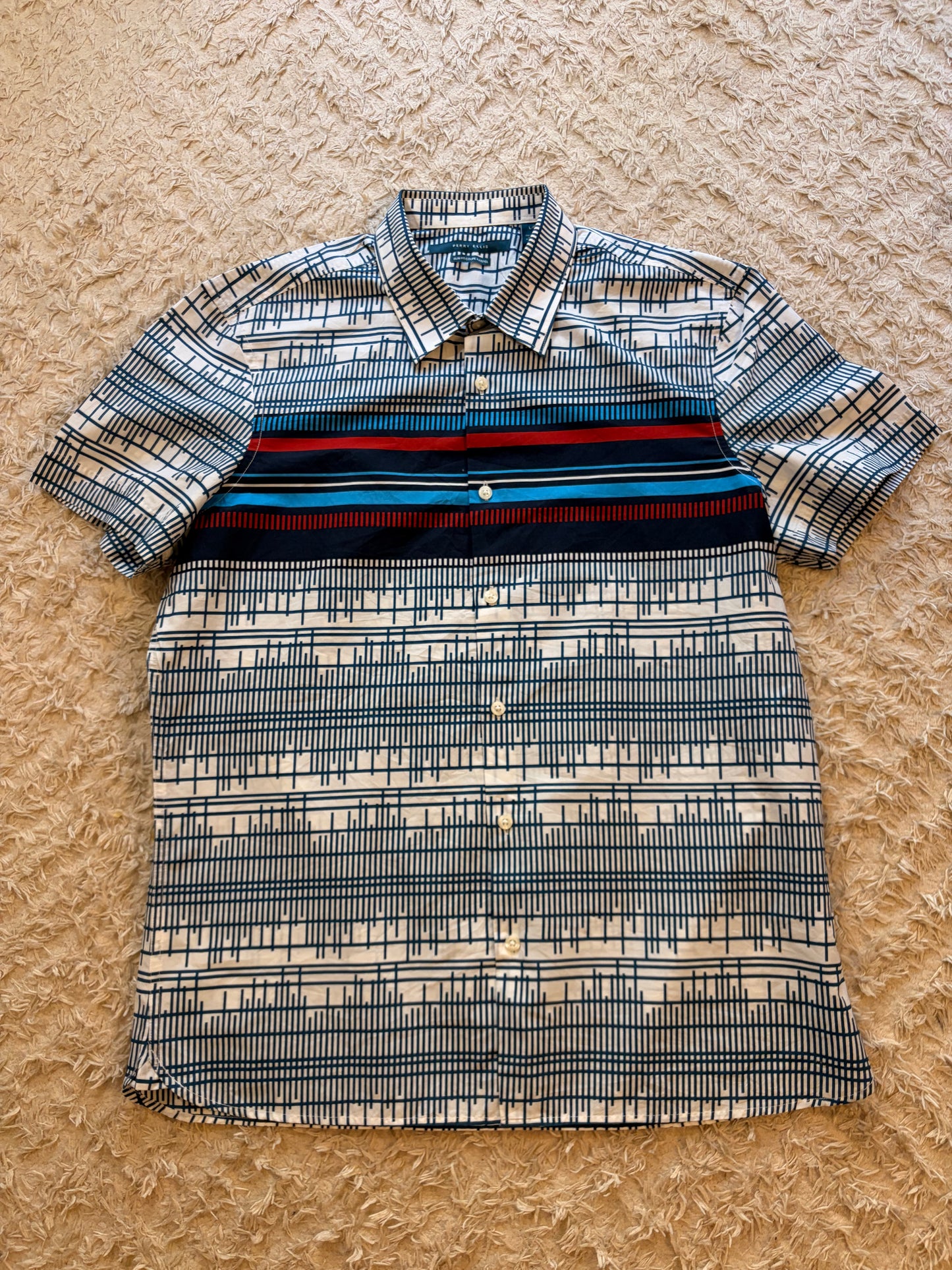 Chemise Manches Courtes Perry Ellis Slim Fit Graphique Blanc/Bleu/Rouge Bande Contrastée – Homme – Taille L