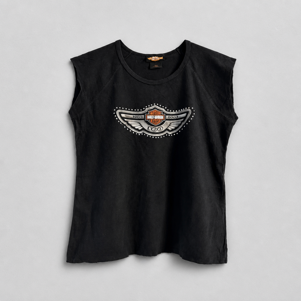 Top collector officiel Harley-Davidson 100ème anniversaire 1903-2003 noir strass argentés coupe cintrée femme taille M – Mode Seconde