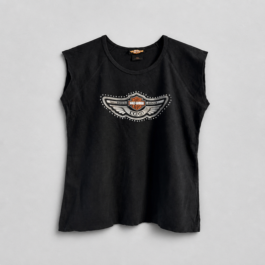 Top collector officiel Harley-Davidson 100ème anniversaire 1903-2003 noir strass argentés coupe cintrée femme taille M – Mode Seconde