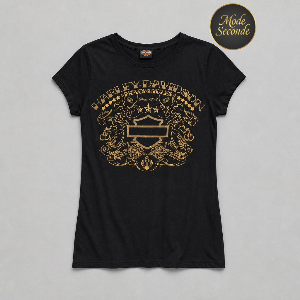 T-shirt Harley-Davidson Bahamas noir imprimé doré tatouage roses ancre hibiscus 100% coton – Unisexe – Taille XL | Mode Seconde