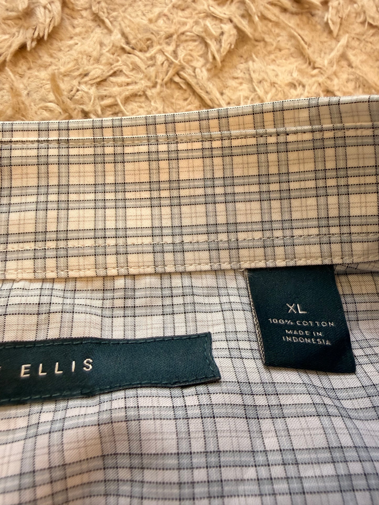 Chemise Perry Ellis Carreaux Tartan Gris/Blanc/Bleu Ciel 100% Coton Manches Longues – Homme/Unisexe – Taille XL