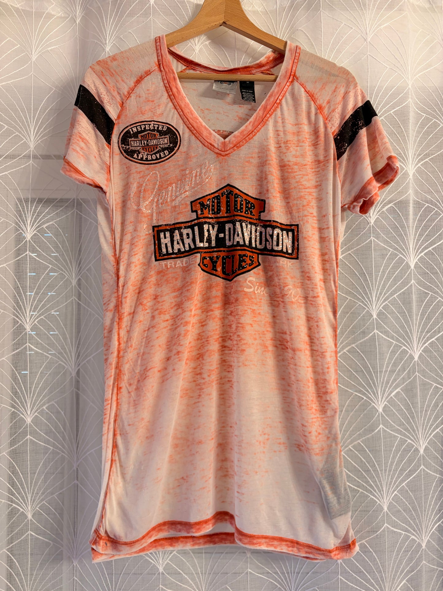 T-shirt Harley-Davidson Burnout Blanc/Orange Col V Paillettes Style Sport – Femme – Taille M