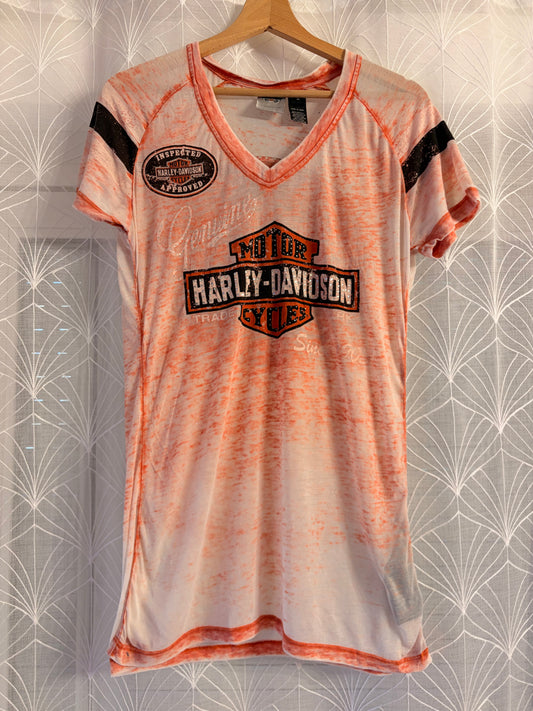 T-shirt Harley-Davidson Burnout Blanc/Orange Col V Paillettes Style Sport – Femme – Taille M