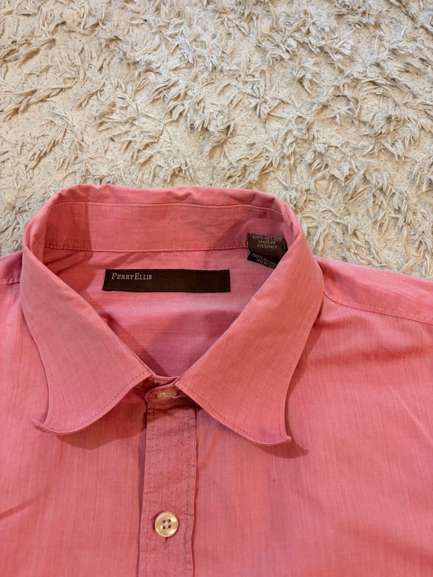 Chemise Perry Ellis Rose Saumon/Corail 100% Coton Double Poche Safari Style Utility – Homme – Taille XL