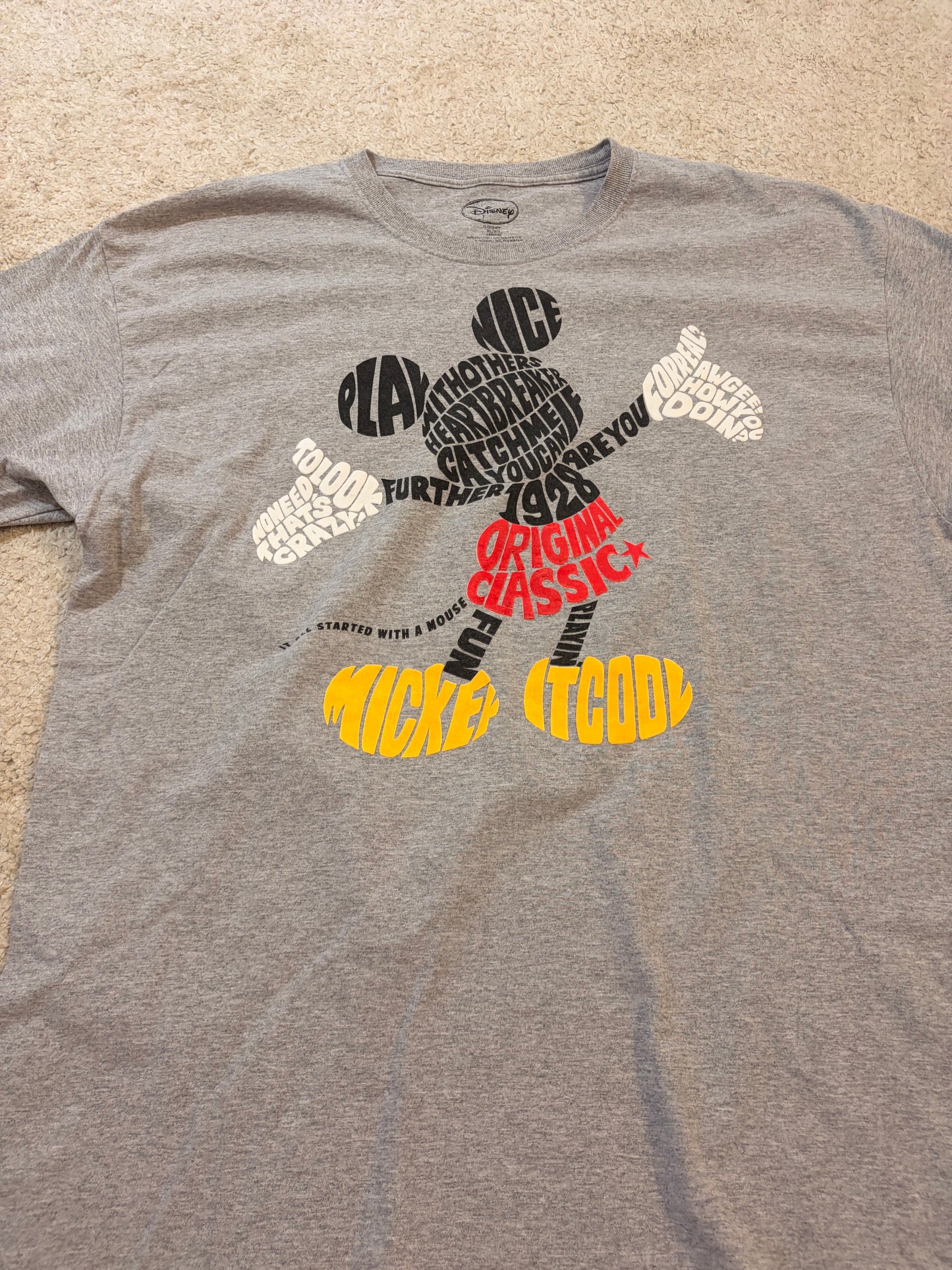 T-shirt Disney Mickey Mouse Silhouette Typographique Original Classic 1928 Gris Chiné Coton/Polyester – Taille XL | Seconde Main