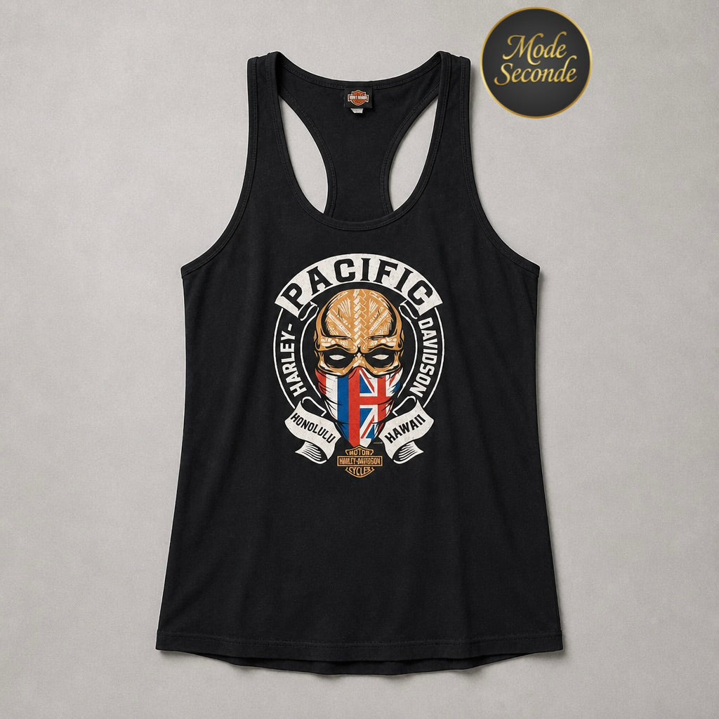 Débardeur Harley-Davidson Pacific Honolulu Hawaii skull tribal racerback noir – Femme – Taille L | Mode Seconde