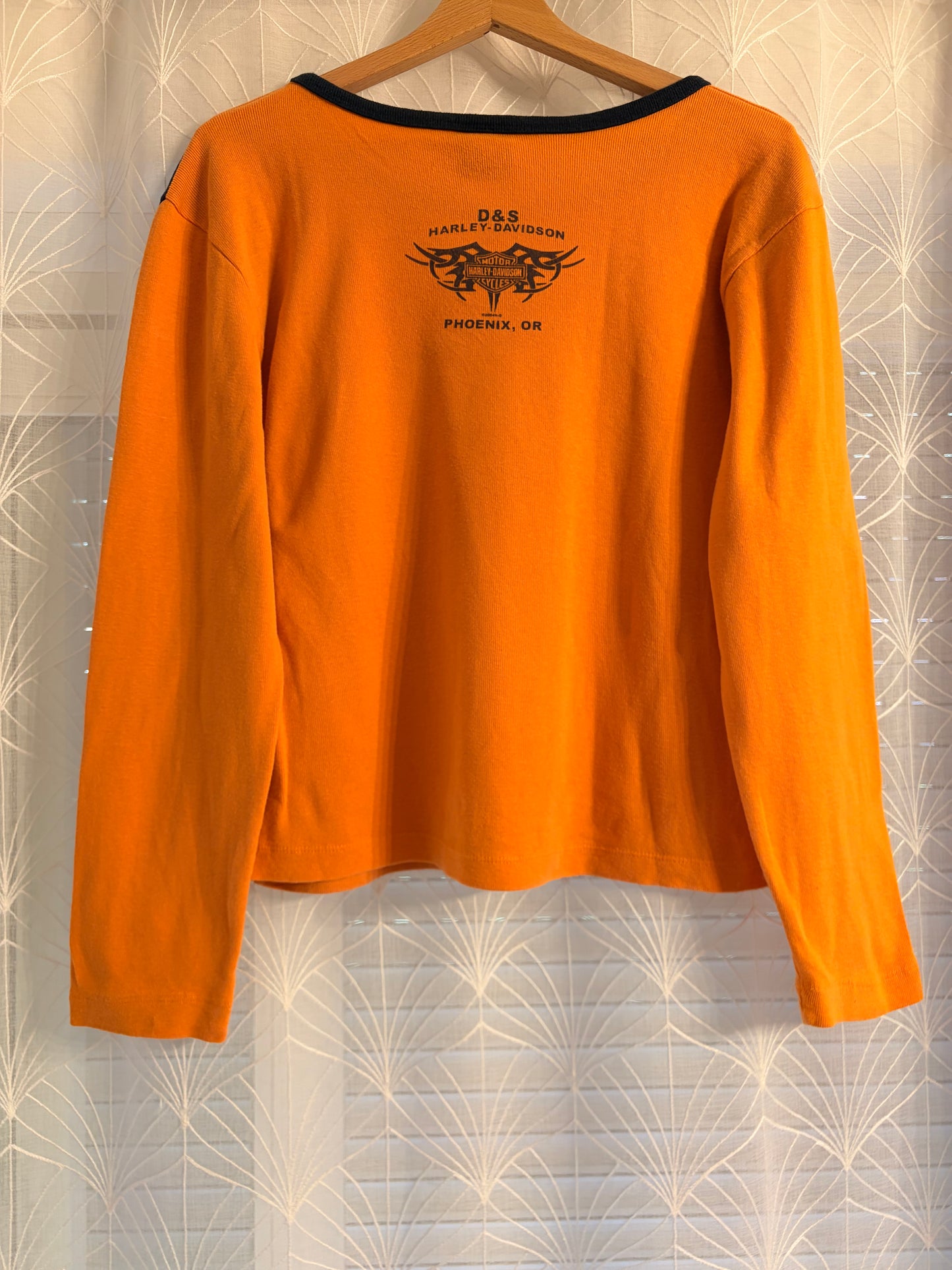 Top Manches Longues Harley-Davidson Vintage 2004 Holoubek D&S Phoenix Oregon Maille Côtelée Orange/Noir Brodé – Femme – Taille L