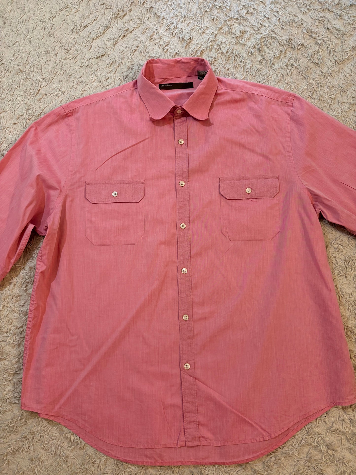 Chemise Perry Ellis Rose Saumon/Corail 100% Coton Double Poche Safari Style Utility – Homme – Taille XL