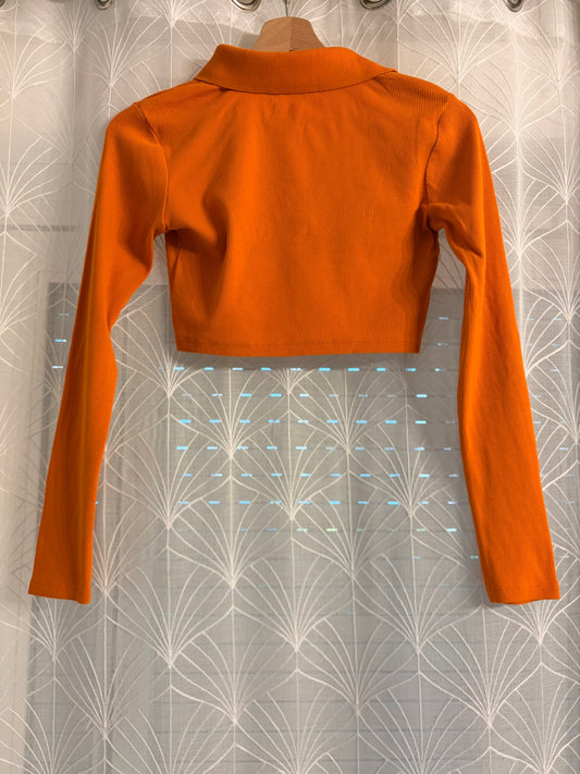 Top Crop Côtelé Zara Orange Flashy Manches Longues – Taille S