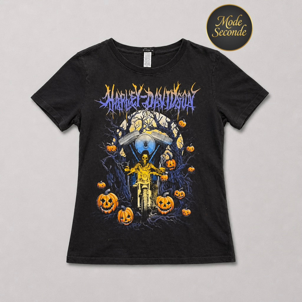 T-shirt Harley-Davidson Halloween squelette moto citrouilles noir délavé 100% coton Modesto California – Femme – Taille S | Mode Seconde