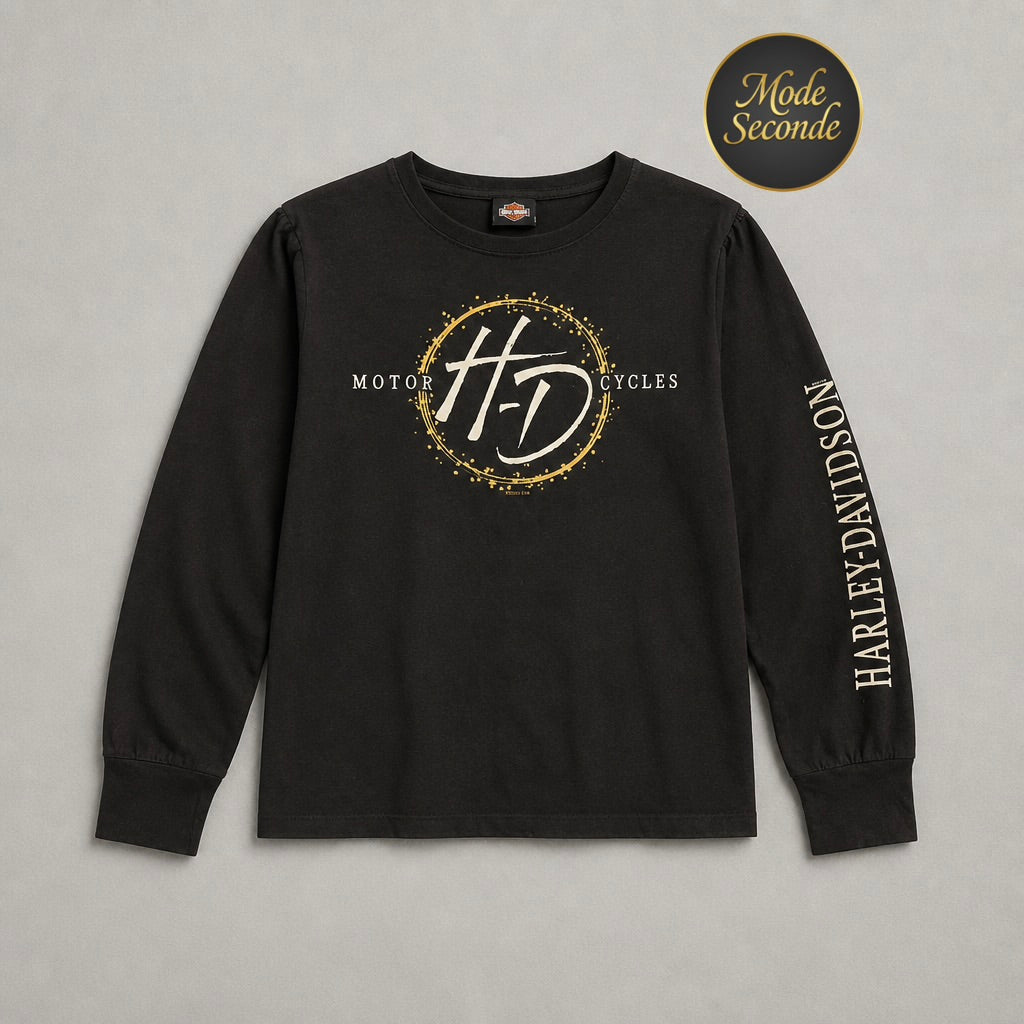 T-shirt manches longues Harley-Davidson Antelope Valley Lancaster California noir logo HD étincelles dorées inscription manche 100% coton – Femme – Taille M/L | Mode Seconde