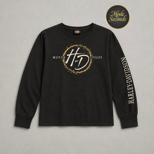 T-shirt manches longues Harley-Davidson Antelope Valley Lancaster California noir logo HD étincelles dorées inscription manche 100% coton – Femme – Taille M/L | Mode Seconde