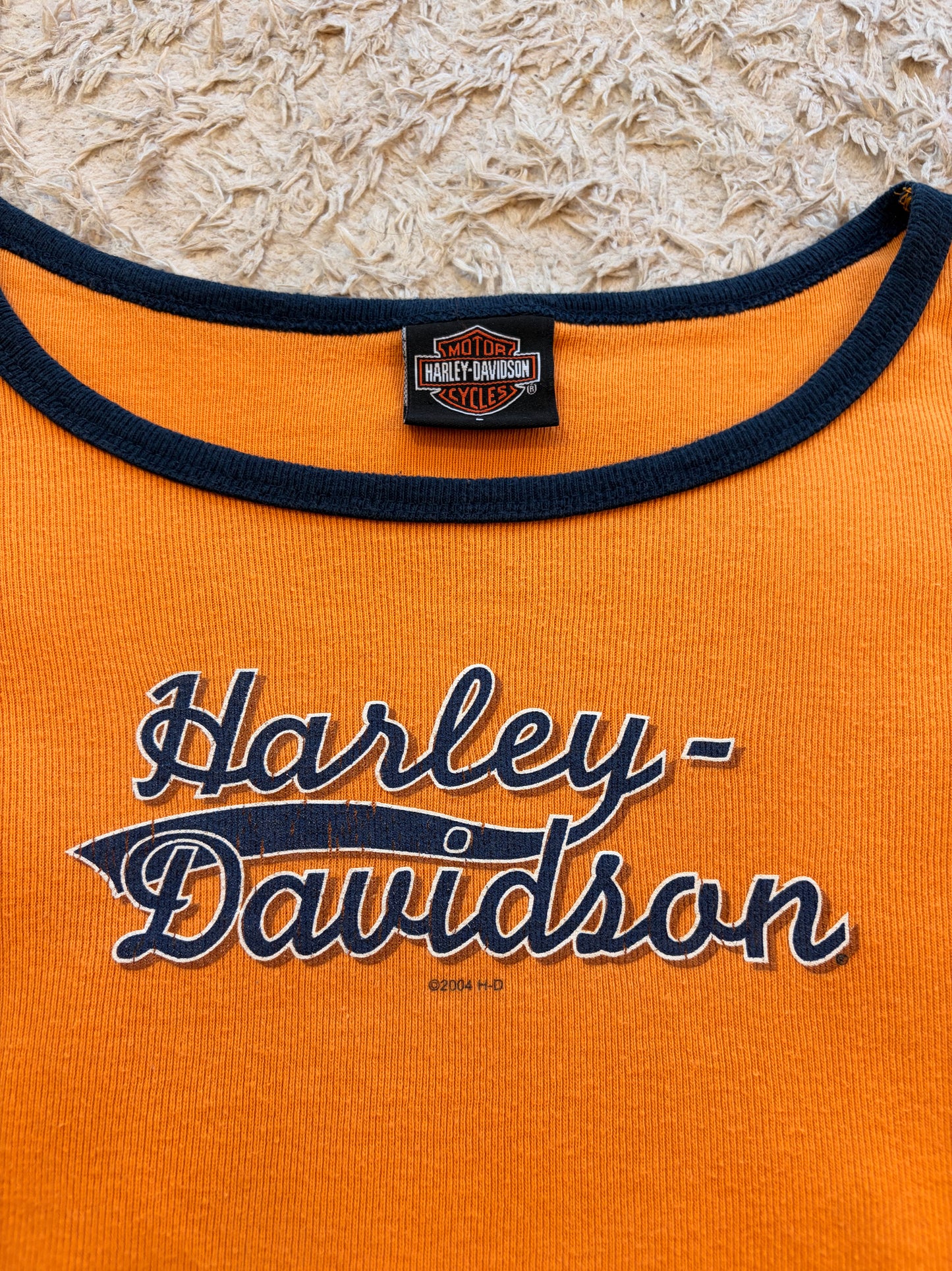 Top Manches Longues Harley-Davidson Vintage 2004 Holoubek D&S Phoenix Oregon Maille Côtelée Orange/Noir Brodé – Femme – Taille L