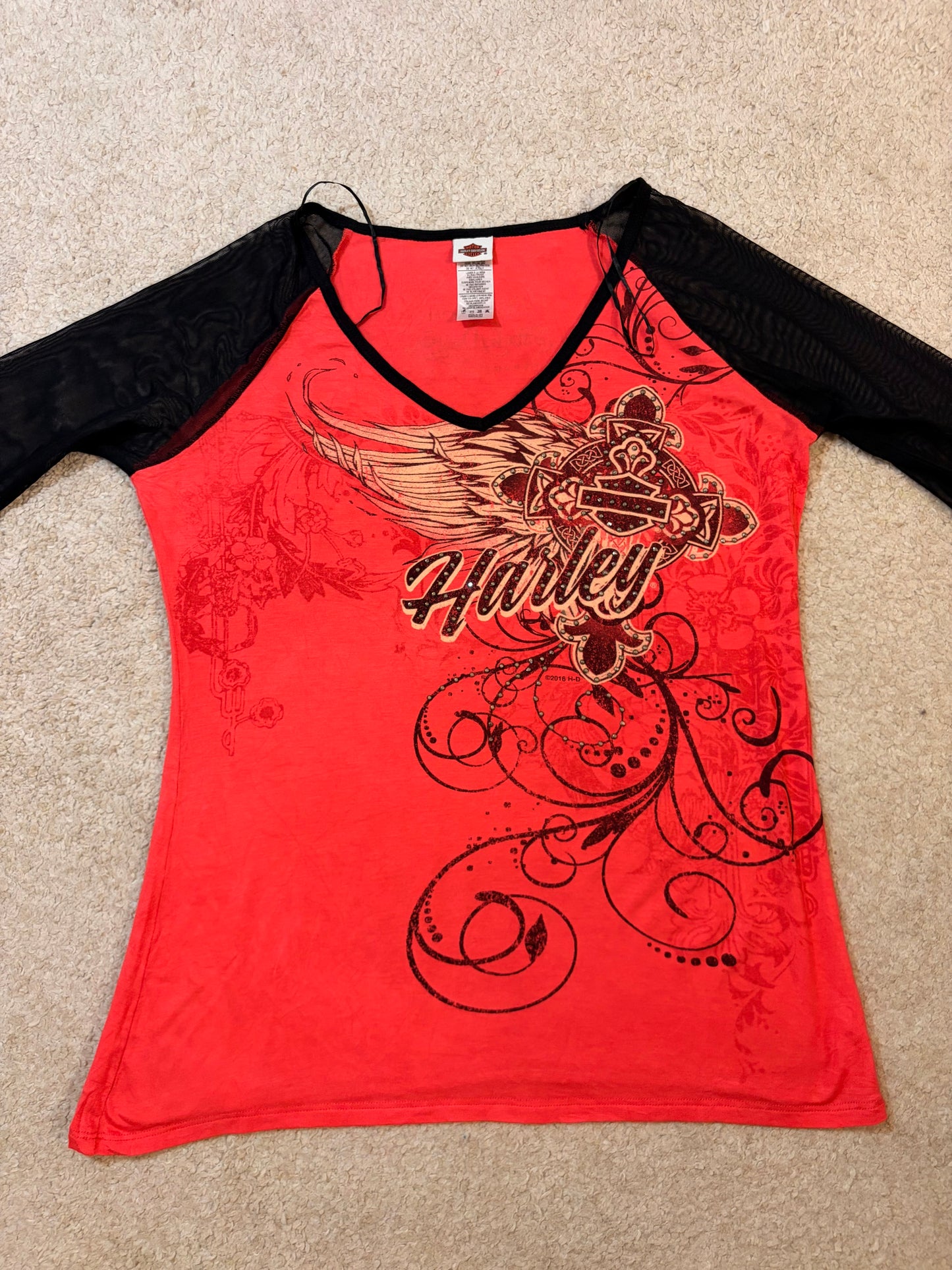 Top Harley-Davidson Rouge/Corail Manches Résille Noir Style Y2K Biker – Femme – Taille M