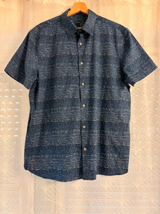 Chemise Manches Courtes Perry Ellis Stretch Bleu Marine Motif Flammé Blanc – Homme – Taille L