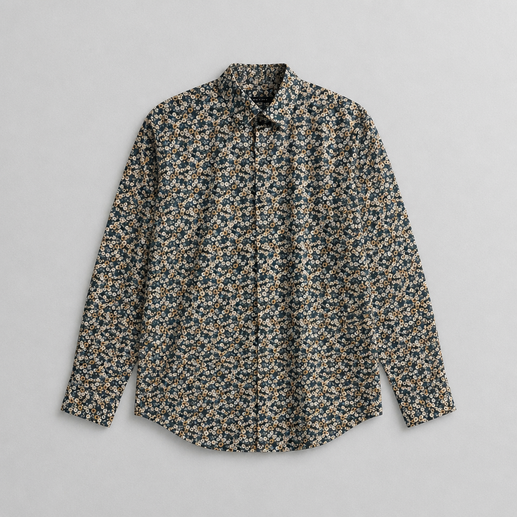 Chemise Perry Ellis stretch fleurie Liberty bleu marine jaune manches longues homme taille M – Mode Seconde