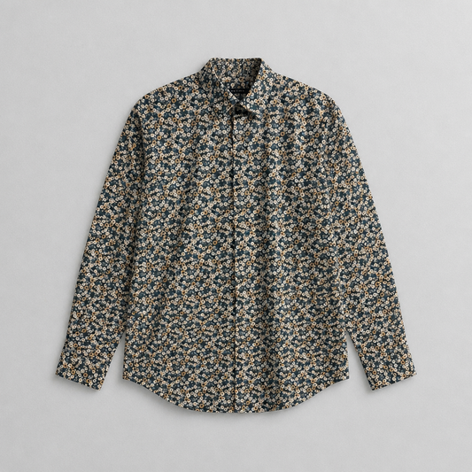 Chemise Perry Ellis stretch fleurie Liberty bleu marine jaune manches longues homme taille M – Mode Seconde