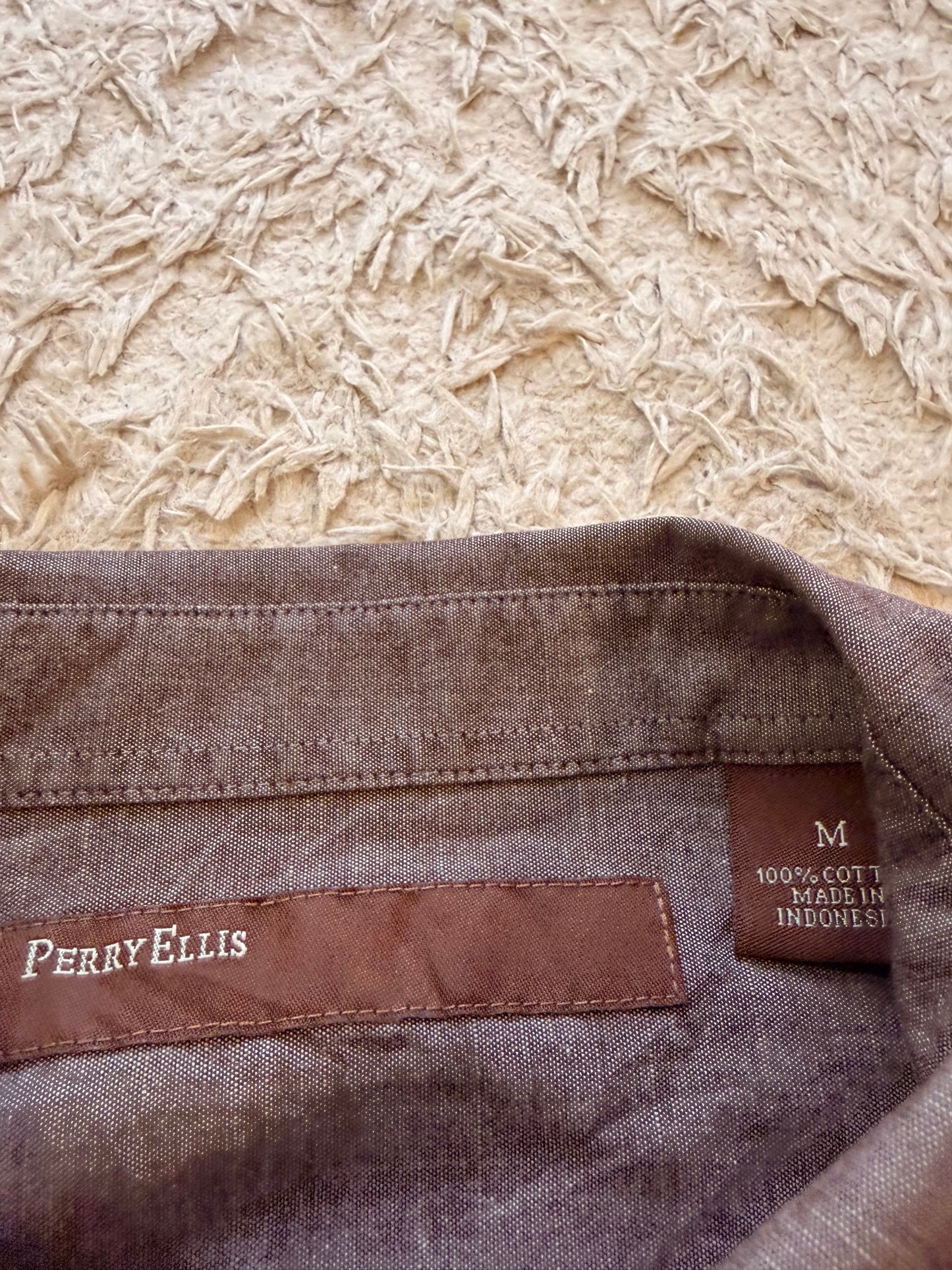 Chemise Manches Courtes Perry Ellis Marron/Taupe Chiné 100% Coton Double Poche – Homme – Taille M