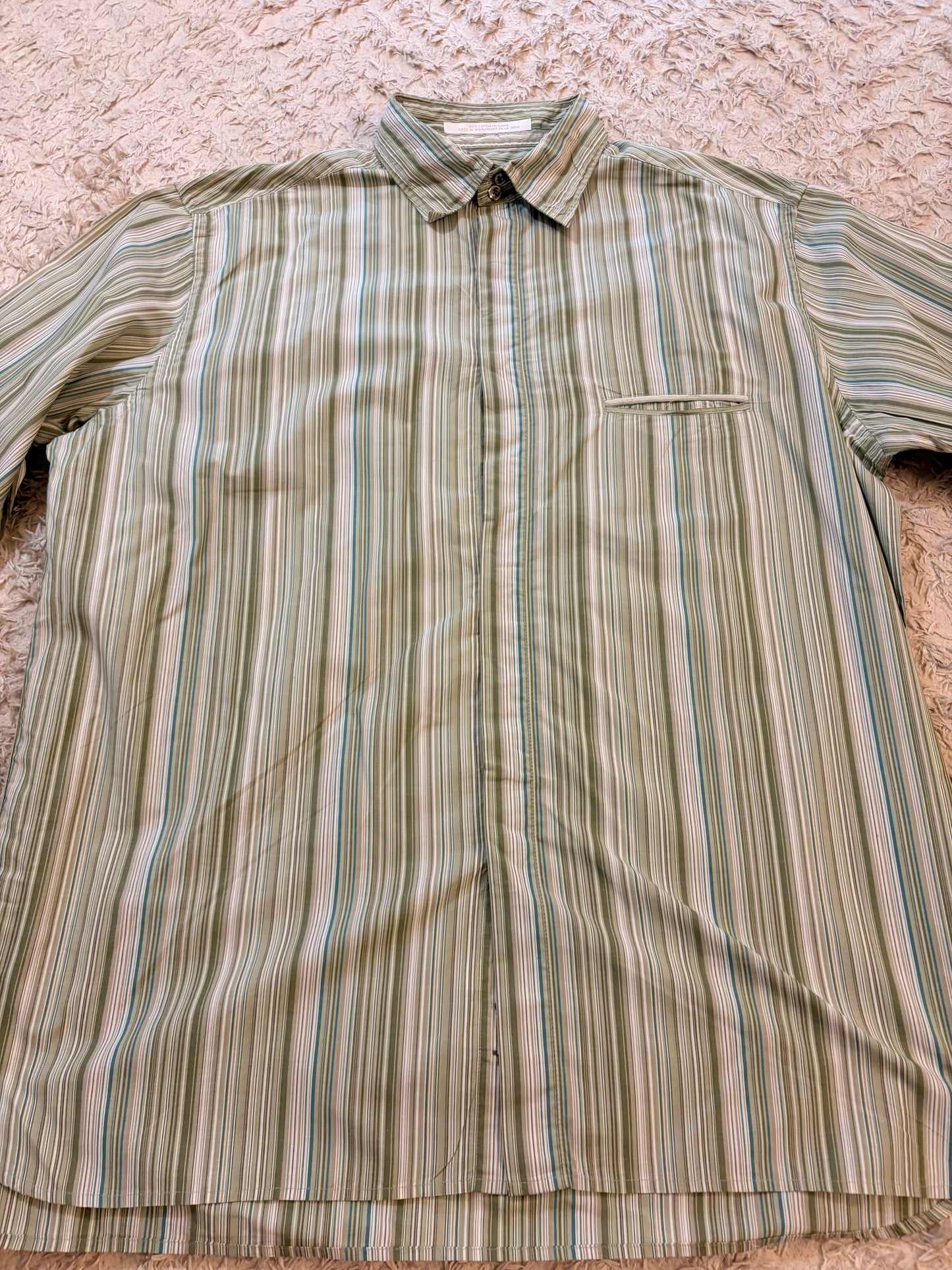 Chemise Perry Ellis Rayures Verticales Vert Olive/Blanc/Bleu Turquoise 100% Coton – Homme – Taille XL