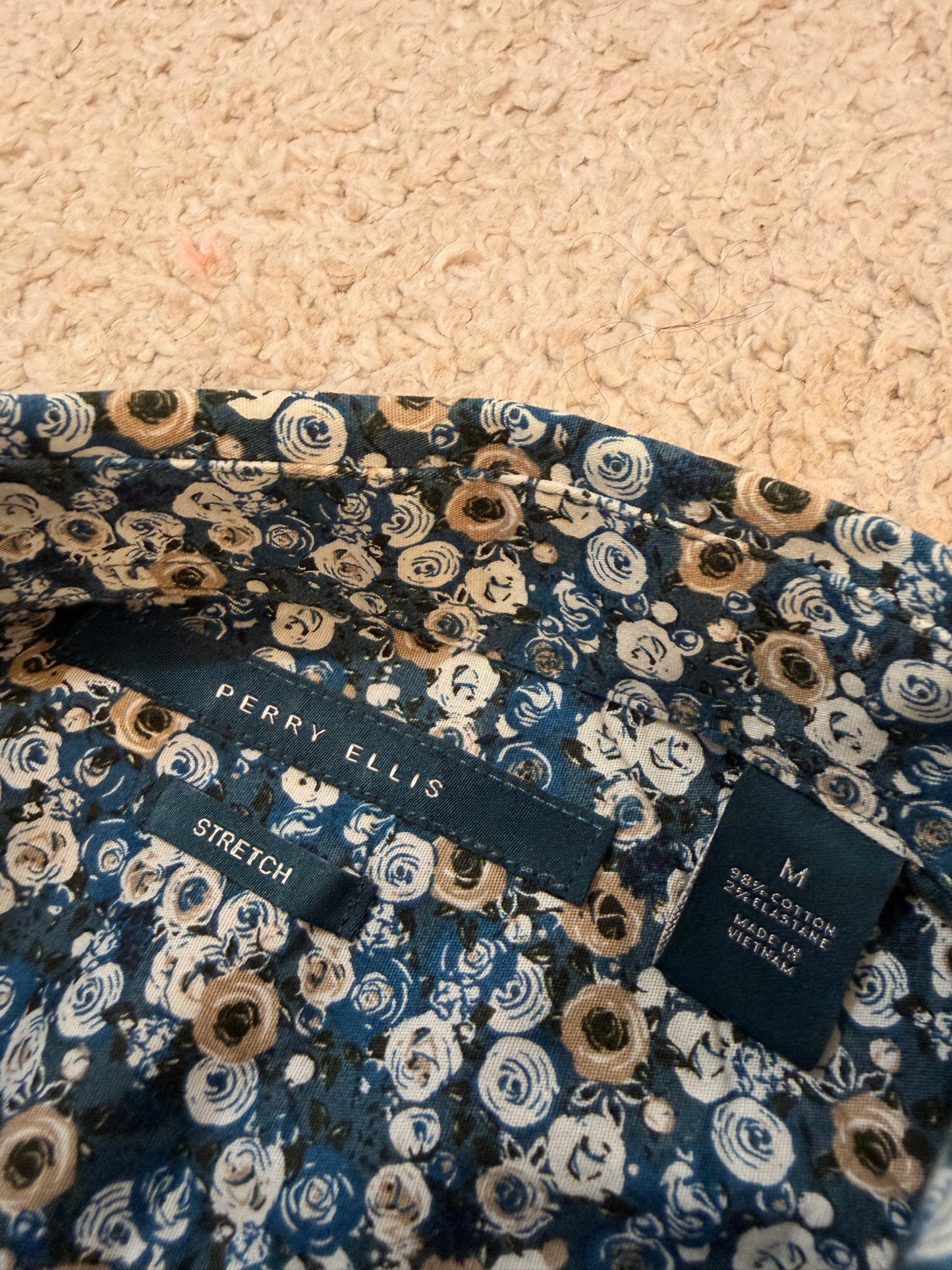 Chemise Perry Ellis Stretch Fleurie Liberty Bleu Marine/Jaune Coton/Élasthanne – Homme – Taille M