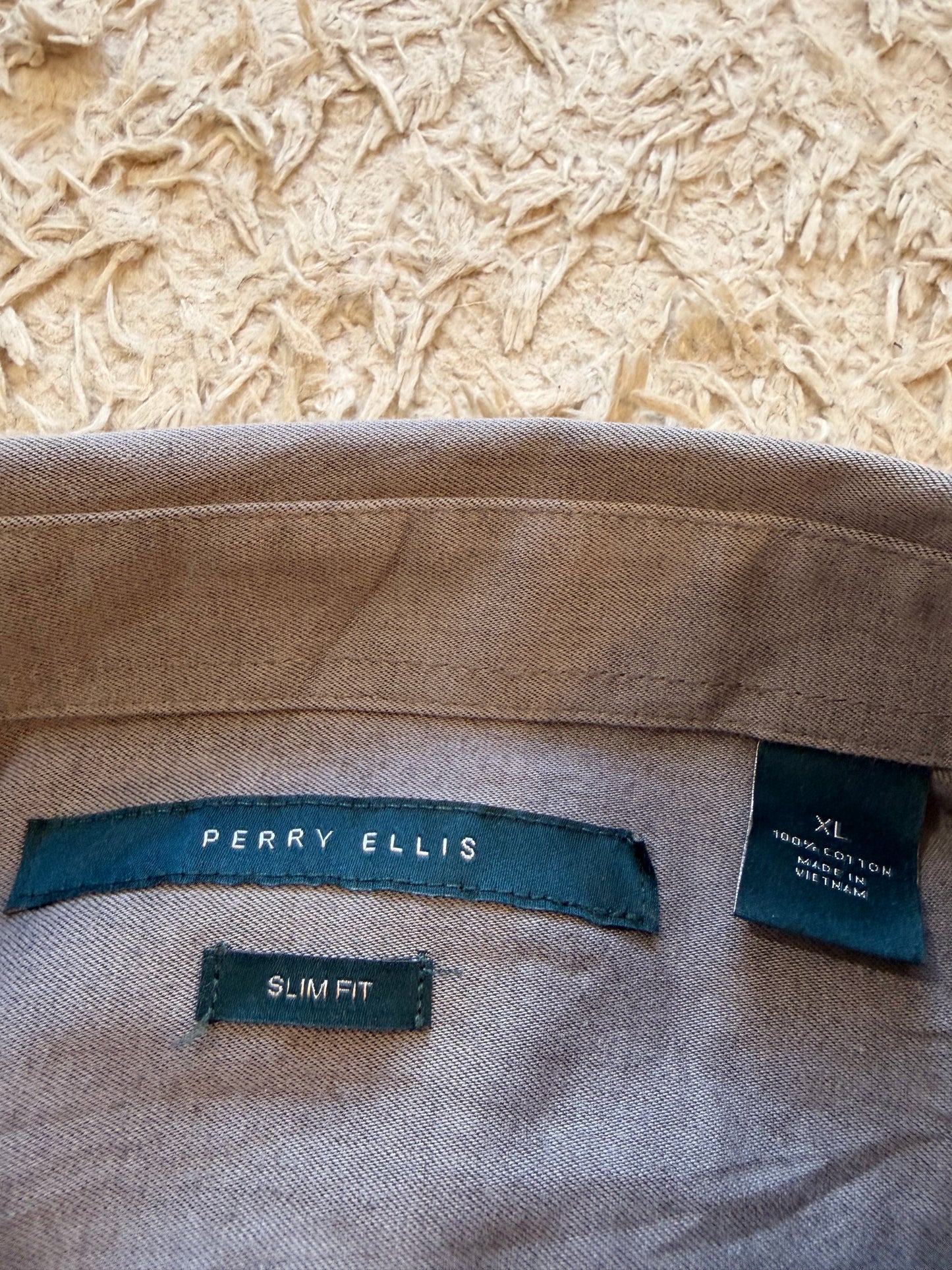 Chemise Perry Ellis Slim Fit Gris Taupe Uni Texturé 100% Coton – Homme – Taille XL