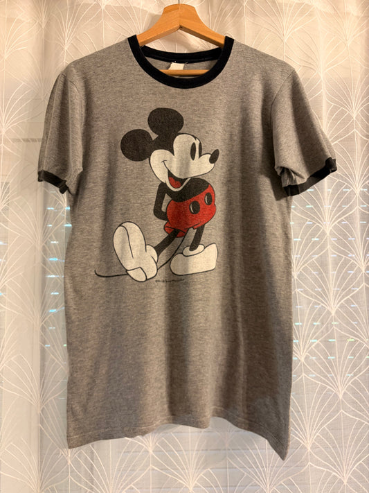 T-shirt Ringer Disney Mickey Mouse Vintage Gris et Noir – Taille L | Seconde Main