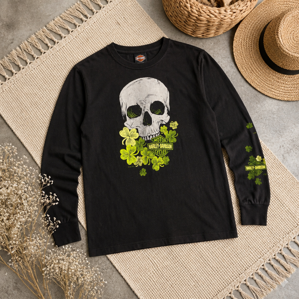 T-shirt manches longues Harley-Davidson 2022 Mt. Rainier Seattle Washington noir vert fluo crâne trèfles passes-pouces 95% coton stretch – Femme – Taille M | Mode Seconde