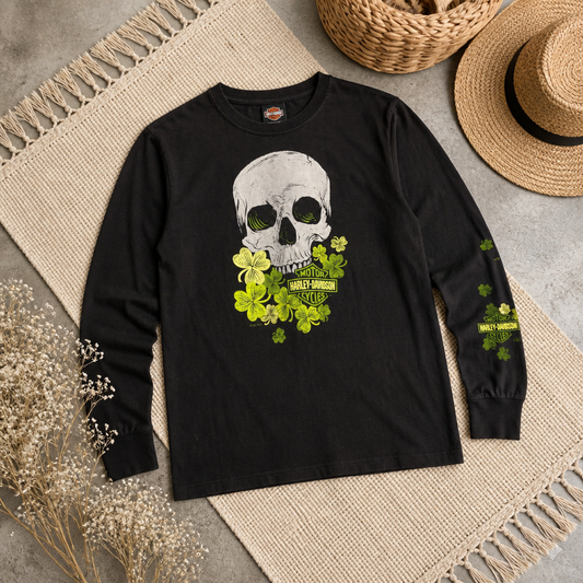 T-shirt manches longues Harley-Davidson 2022 Mt. Rainier Seattle Washington noir vert fluo crâne trèfles passes-pouces 95% coton stretch – Femme – Taille M | Mode Seconde