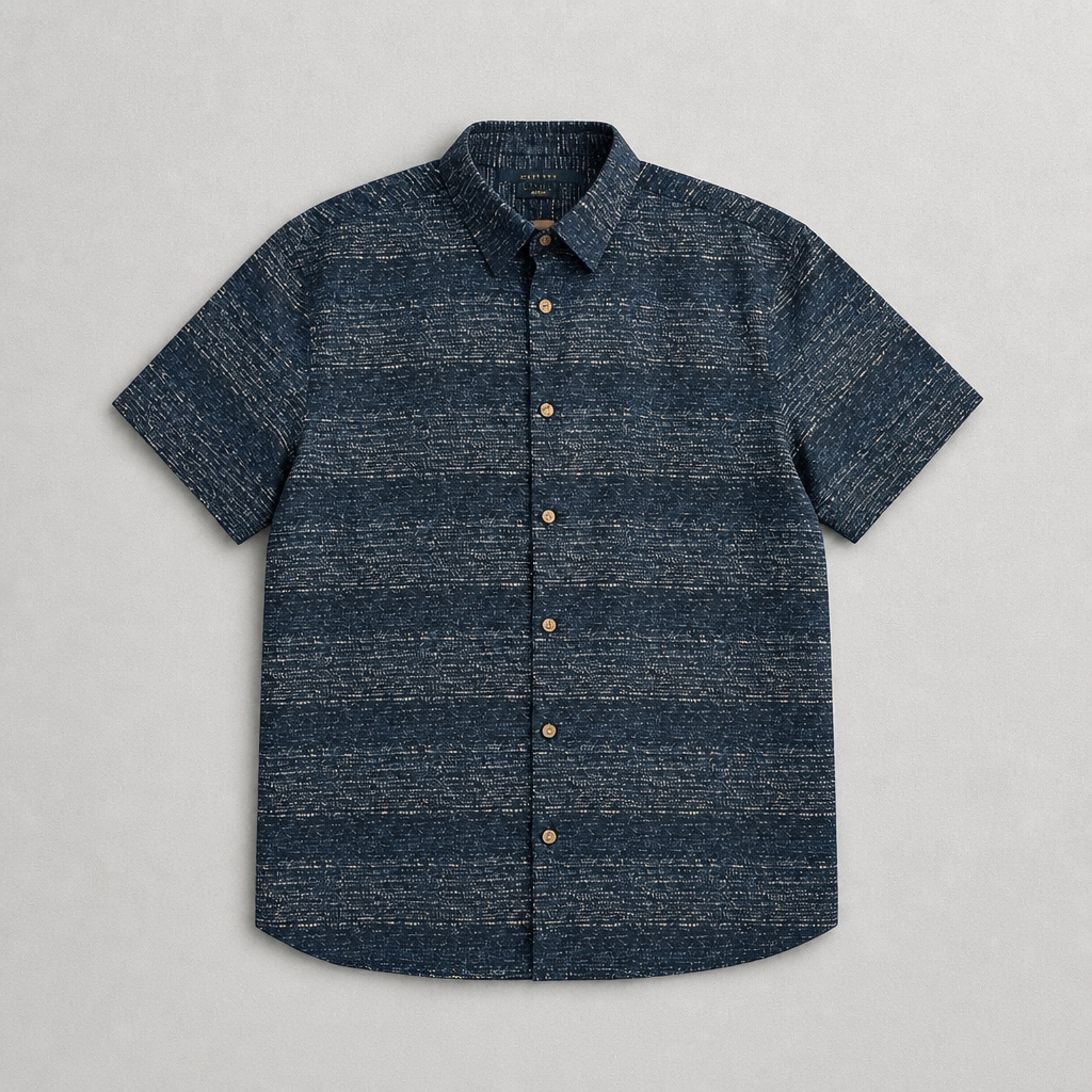 Chemise manches courtes Perry Ellis Stretch bleu marine motif flammé blanc – Homme – Taille L | Mode Seconde