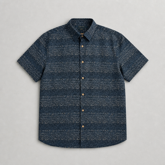 Chemise manches courtes Perry Ellis Stretch bleu marine motif flammé blanc – Homme – Taille L | Mode Seconde