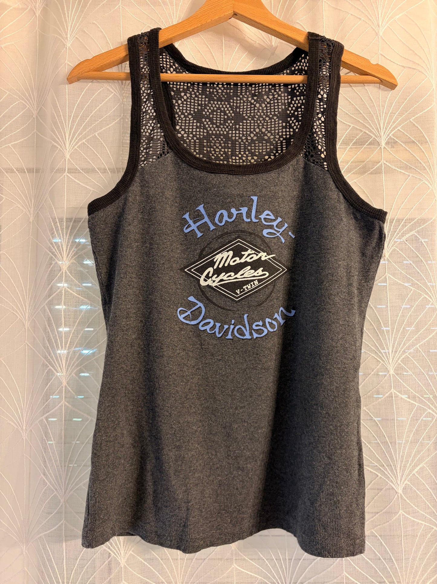 Débardeur Harley-Davidson Genuine Motorclothes Gris Anthracite Résille Dentelle Noire Maille Côtelée – Femme – Taille S