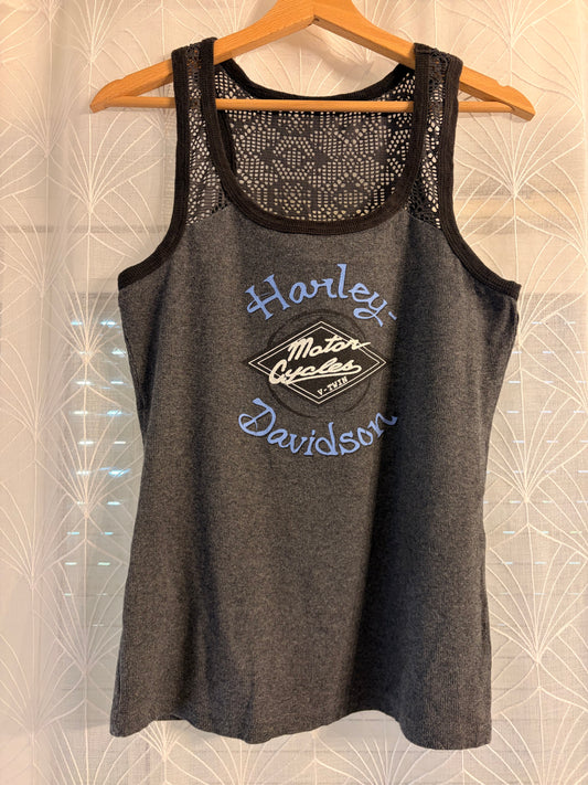 Débardeur Harley-Davidson Genuine Motorclothes Gris Anthracite Résille Dentelle Noire Maille Côtelée – Femme – Taille S