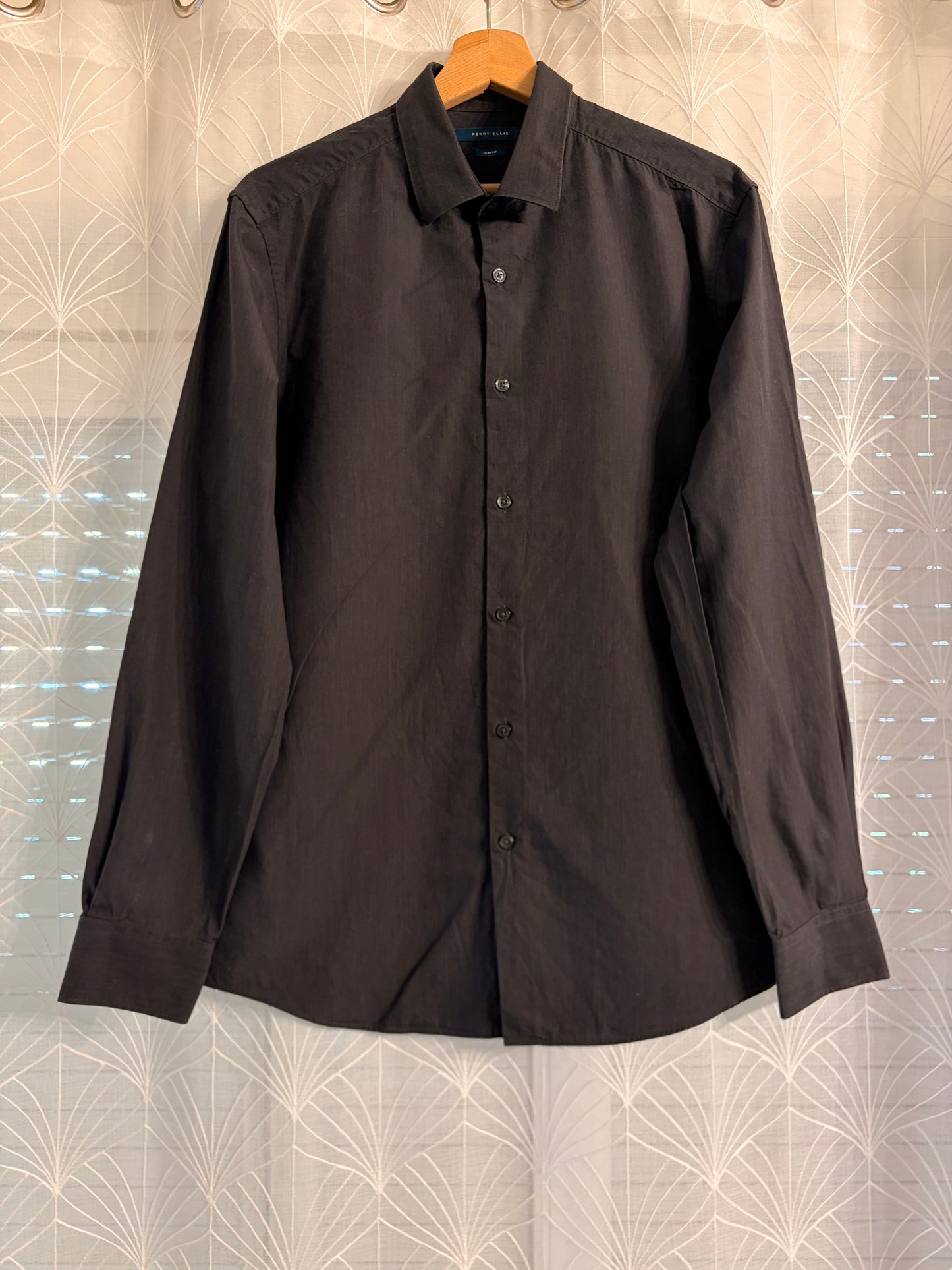 Chemise Perry Ellis Slim Fit Noire 100% Coton Manches Longues – Homme – Taille M