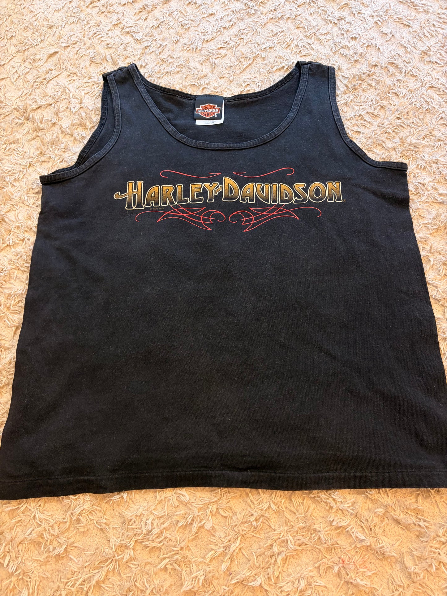 Débardeur Harley-Davidson Vintage 1995 Noir Délavé Hanes Her Way Pinstriping Rouge Dos Worth Kansas City Missouri 100% Coton Made in USA – Femme – Taille M