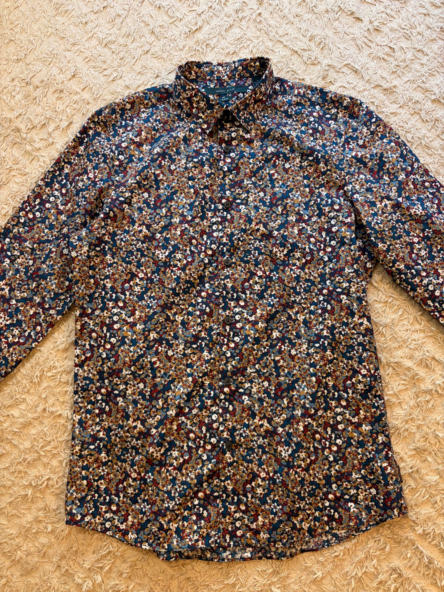 Chemise Perry Ellis Slim Fit Florale Multicolore Fond Bleu Marine Motifs Jaune/Bordeaux 100% Coton – Homme – Taille M