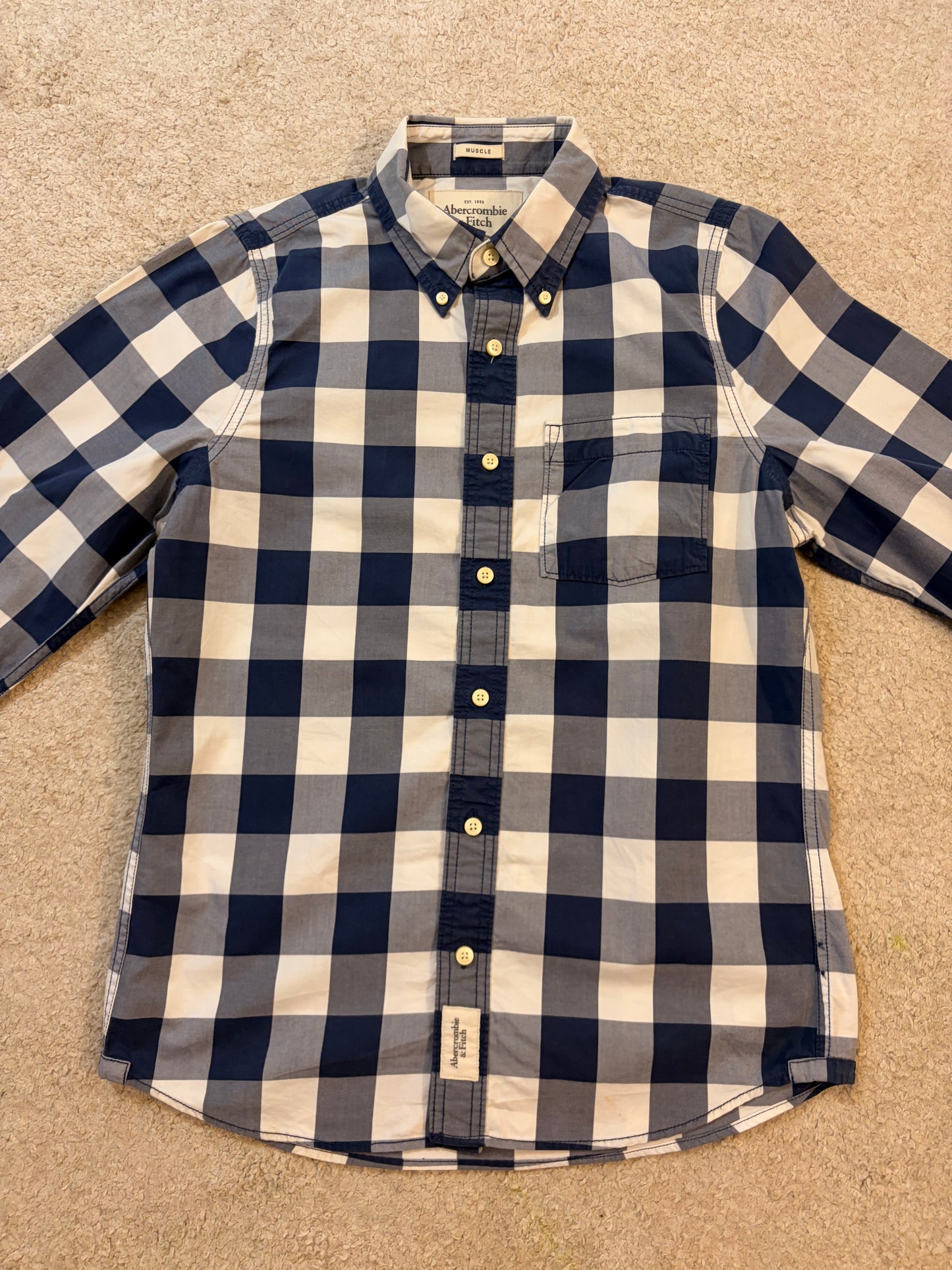 Chemise Abercrombie & Fitch Carreaux Bleu Marine/Blanc Muscle Fit Button-Down – Homme – Taille M