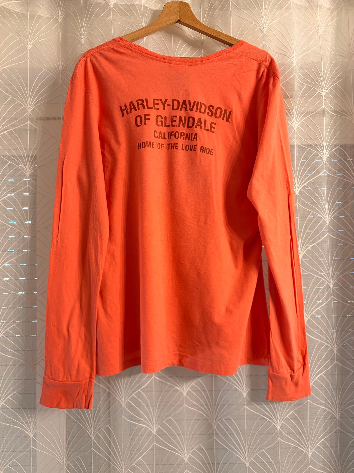 T-shirt Manches Longues Harley-Davidson Glendale California Love Ride Orange Corail Flammes Rétro Passes-Pouces 100% Coton – Femme – Taille XL
