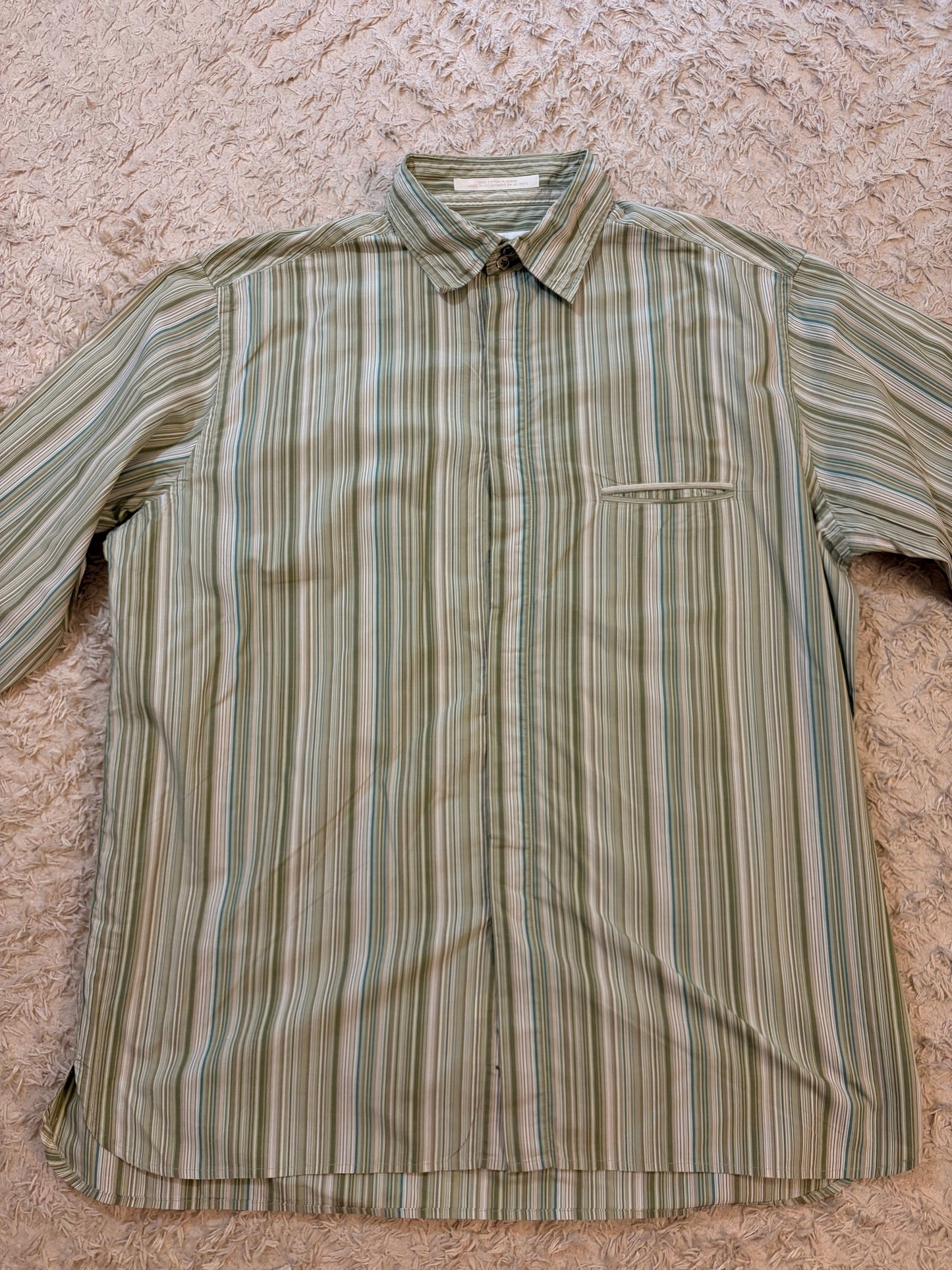 Chemise Perry Ellis Rayures Verticales Vert Olive/Blanc/Bleu Turquoise 100% Coton – Homme – Taille XL