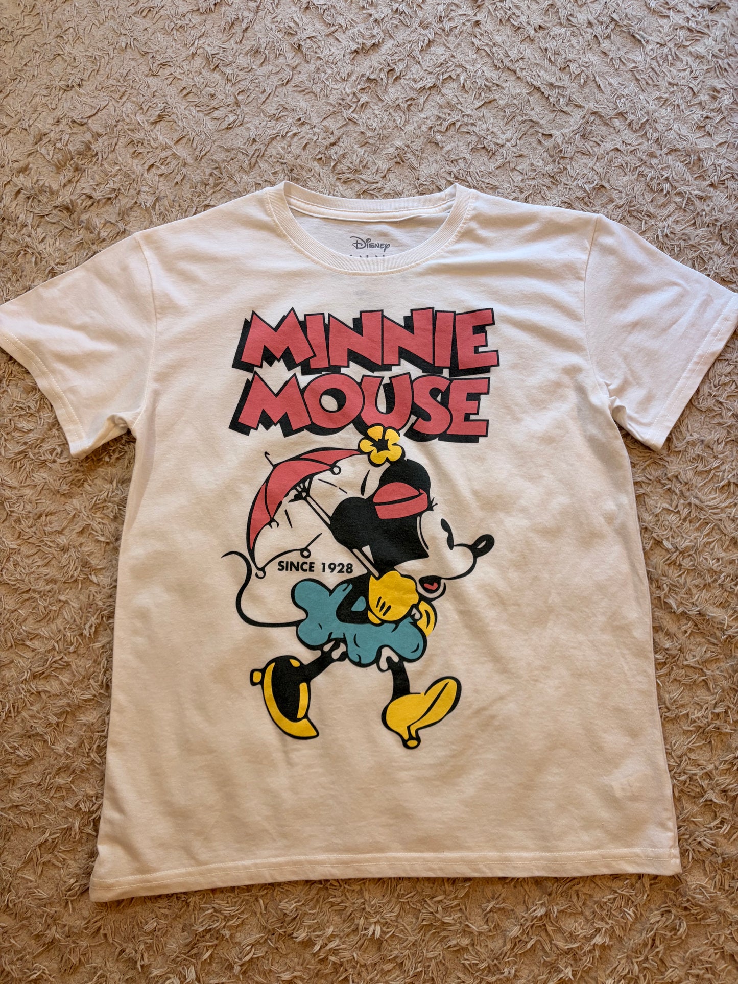 T-shirt Disney Minnie Mouse Since 1928 Vintage Blanc Crème Ombrelle 50% Coton 50% Polyester – Femme – Taille L