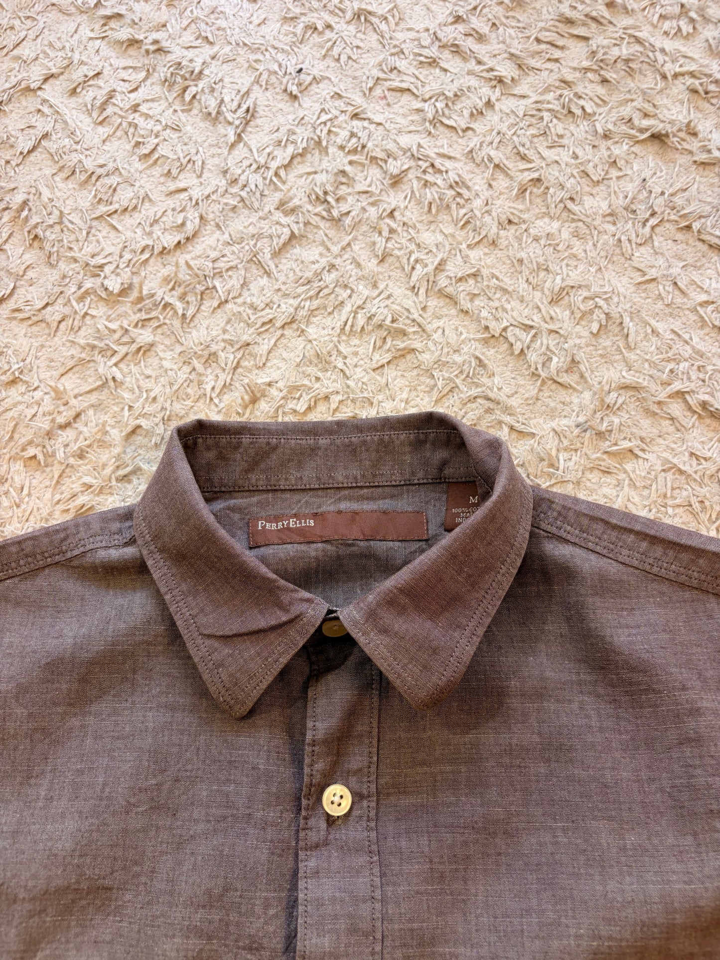 Chemise Manches Courtes Perry Ellis Marron/Taupe Chiné 100% Coton Double Poche – Homme – Taille M