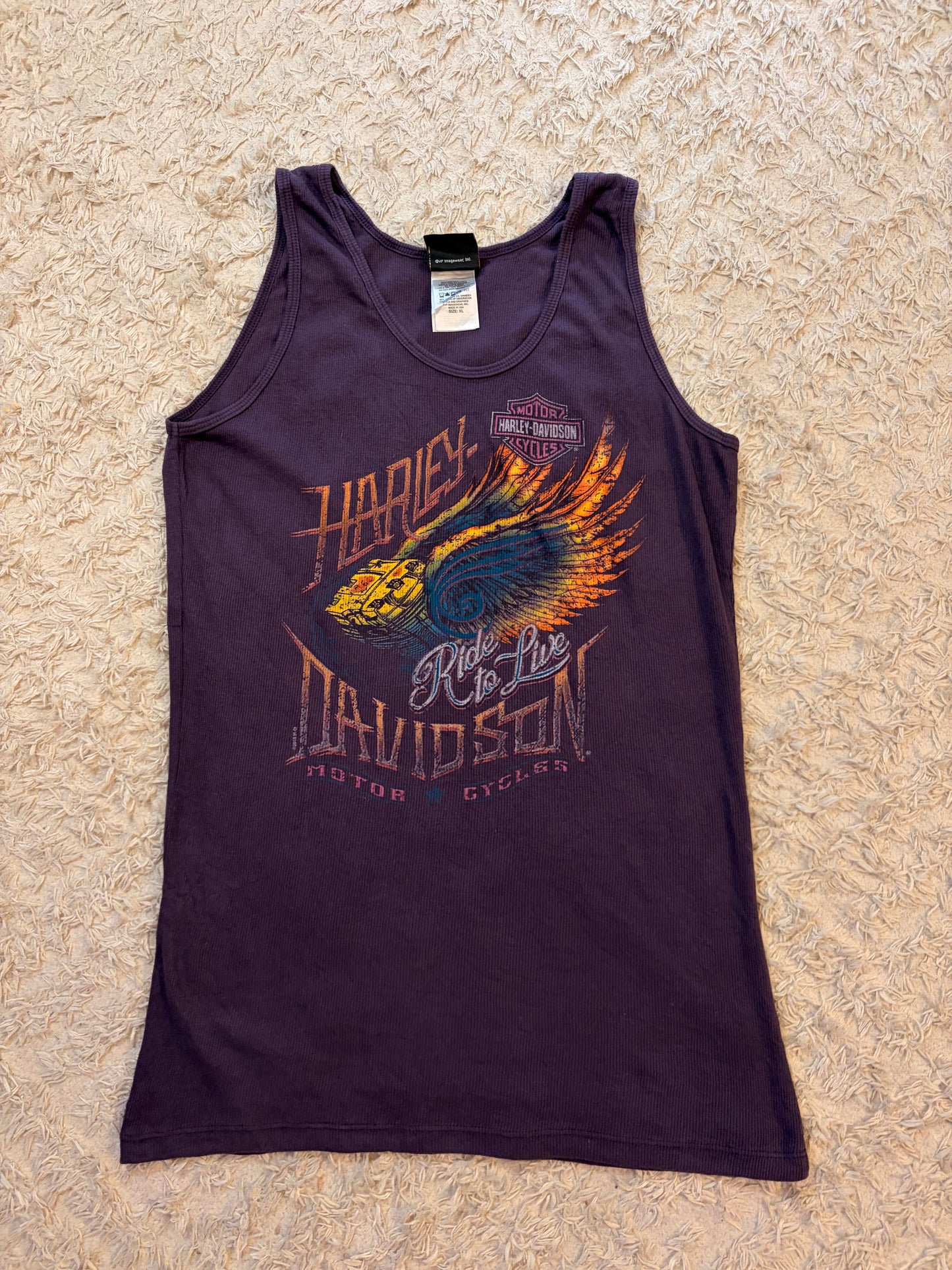 Débardeur Harley-Davidson Honolulu Hawaii Maille Côtelée Violet Prune Ride to Live Ailes Phénix Multicolores 95% Coton Made in USA – Femme – Taille XL