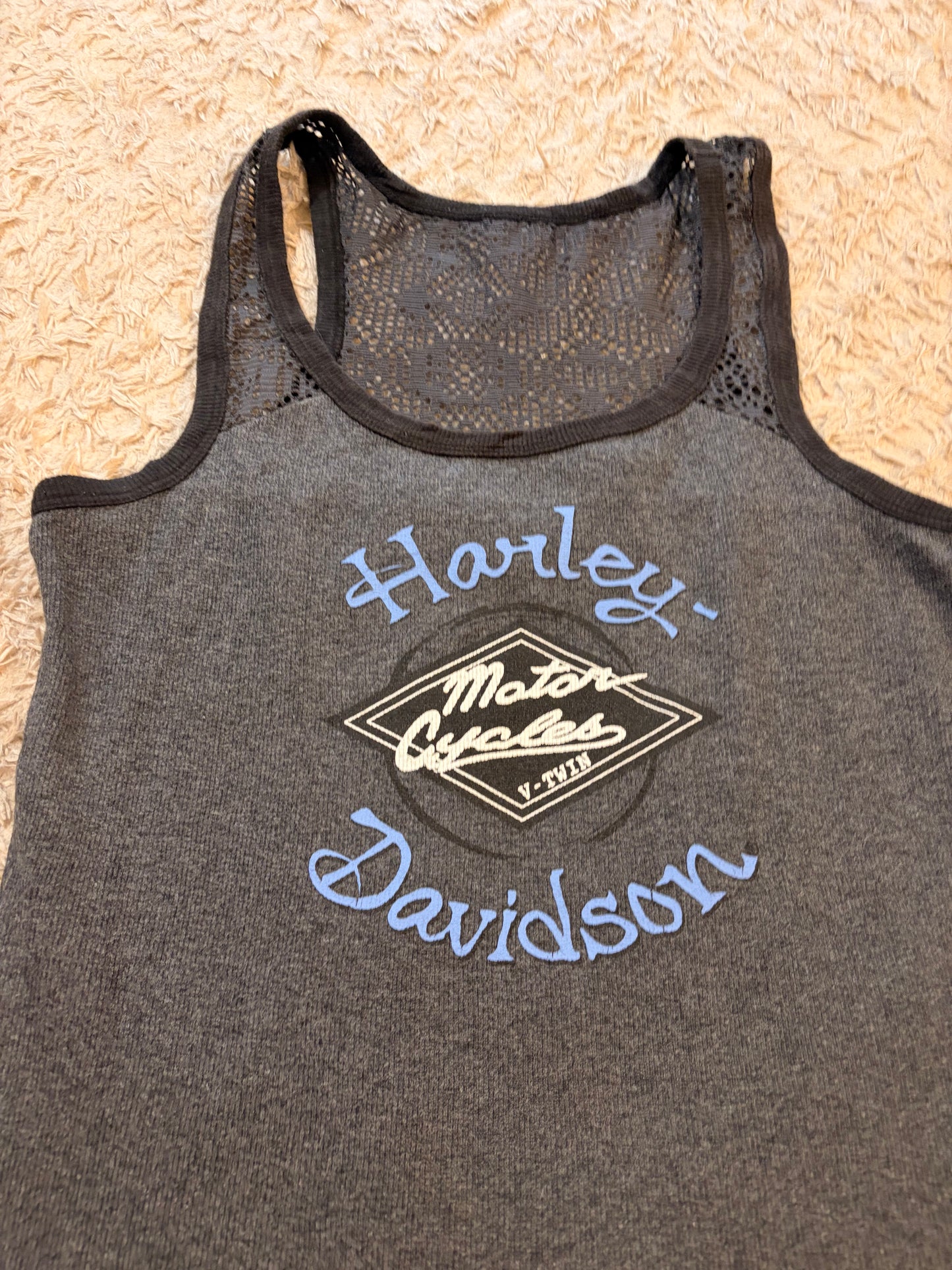 Débardeur Harley-Davidson Genuine Motorclothes Gris Anthracite Résille Dentelle Noire Maille Côtelée – Femme – Taille S