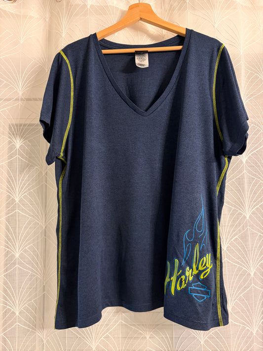 T-shirt Harley-Davidson Col V Bleu Chiné Flammes – Grande Taille 1X (XL/XXL) – Femme