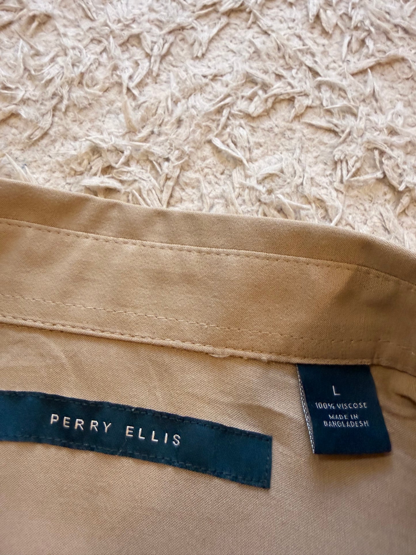 Chemise Perry Ellis Beige Sable 100% Viscose Manches Courtes Fluide Soyeuse – Homme – Taille L