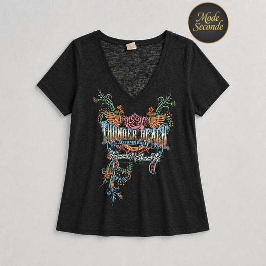 T-shirt NASCAR for Her Thunder Beach Florida Rally 2022 col V noir graphique multicolore – Femme – Taille XL | Mode Seconde