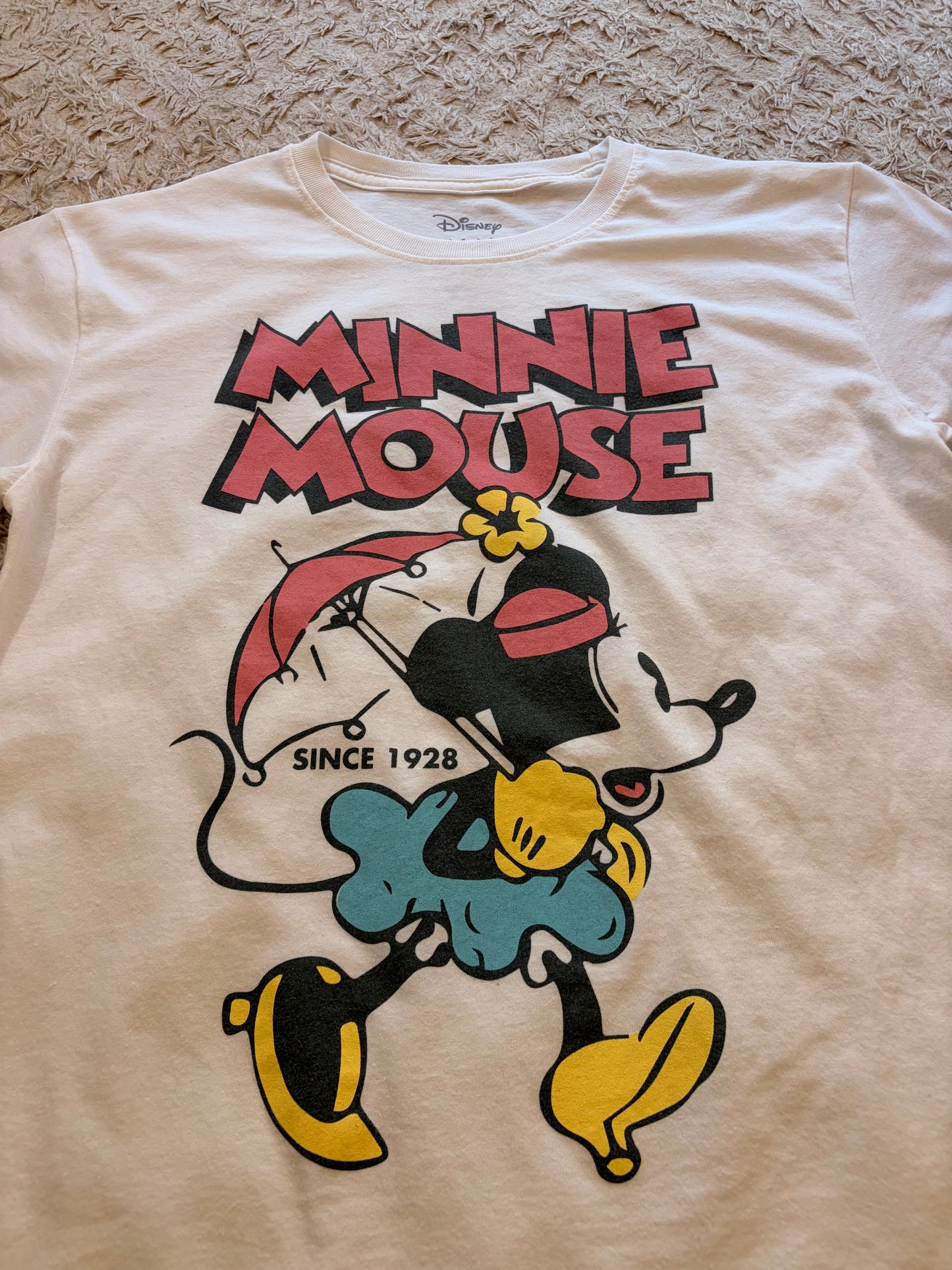 T-shirt Disney Minnie Mouse Since 1928 Vintage Blanc Crème Ombrelle 50% Coton 50% Polyester – Femme – Taille L
