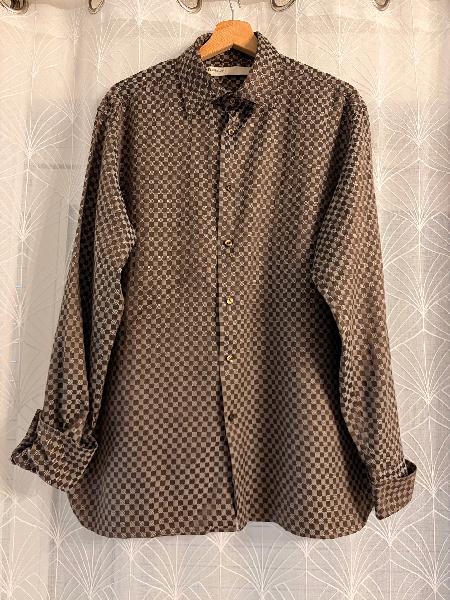 Chemise Perry Ellis Luxe Soie/Coton Carreaux Marron/Taupe Manches Longues – Homme – Taille L